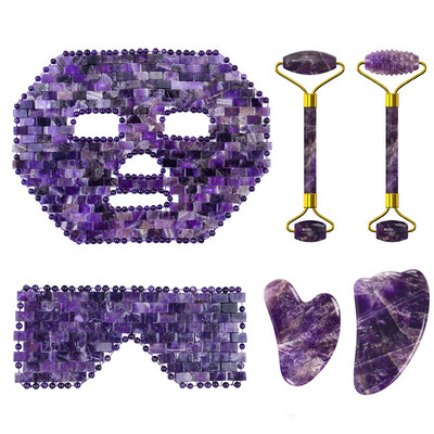 Маска за лице с аметист Нефритов валяк Gua Sha Board for Face Lifting Anti-wrinkle Natural Purple Crystal Eye Mask Инструмент за грижа за кожата на лицето