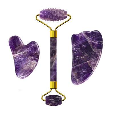Ametiszt arcmaszk Jade Roller Gua Sha tábla arc liftinghez Ránctalanító természetes lila kristály szemmaszk arcbőrápoló eszköz