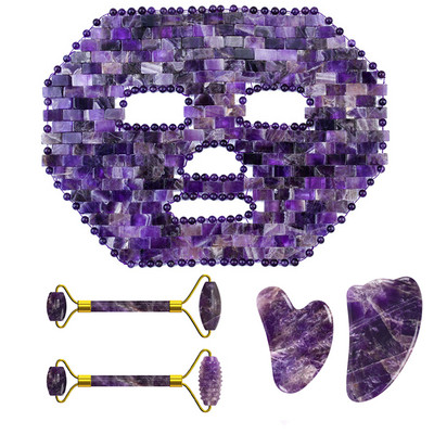 Ametiszt arcmaszk Jade Roller Gua Sha tábla arc liftinghez Ránctalanító természetes lila kristály szemmaszk arcbőrápoló eszköz