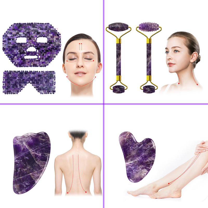 Ametiszt arcmaszk Jade Roller Gua Sha tábla arc liftinghez Ránctalanító természetes lila kristály szemmaszk arcbőrápoló eszköz