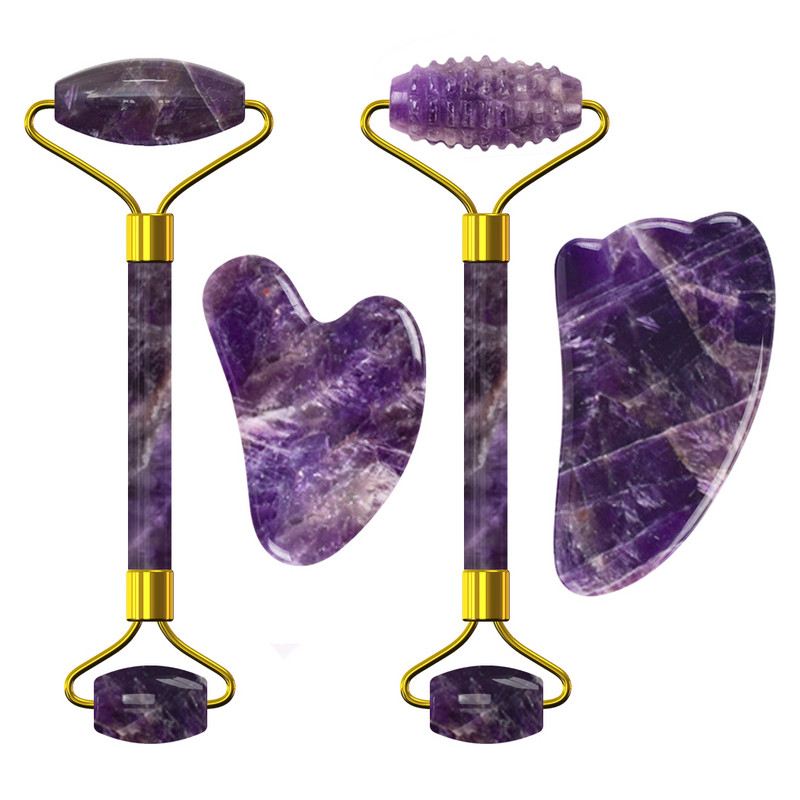 Ametiszt arcmaszk Jade Roller Gua Sha tábla arc liftinghez Ránctalanító természetes lila kristály szemmaszk arcbőrápoló eszköz