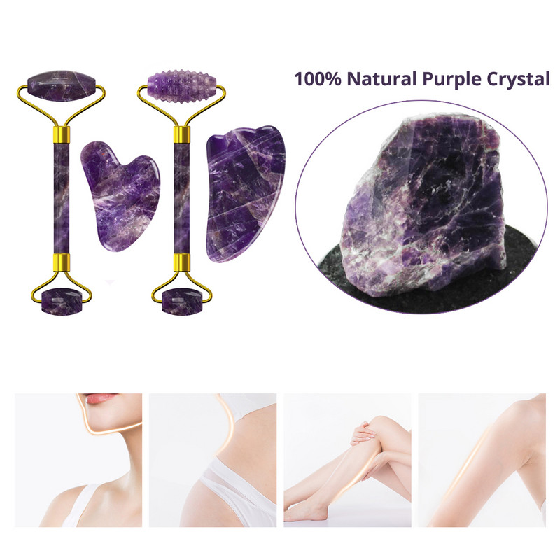 Ametiszt arcmaszk Jade Roller Gua Sha tábla arc liftinghez Ránctalanító természetes lila kristály szemmaszk arcbőrápoló eszköz