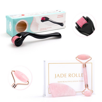 Natural Jade Roller & Guasha Derma Roller Kit Beauty Massager for Face Double Heads Roller Facial Lifting Massage