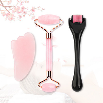 Natural Jade Roller & Guasha Derma Roller Kit grožio masažuoklis veidui Dvigubos galvų masažo voleliu veido pakeliamasis masažuoklis