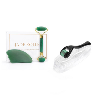 Natural Jade Roller & Guasha Derma Roller Kit szépségmasszírozó arcra, dupla fejű masszírozó görgős arc lifting masszírozó