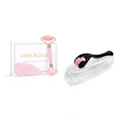 Natural Jade Roller & Guasha Derma Roller Kit szépségmasszírozó arcra, dupla fejű masszírozó görgős arc lifting masszírozó