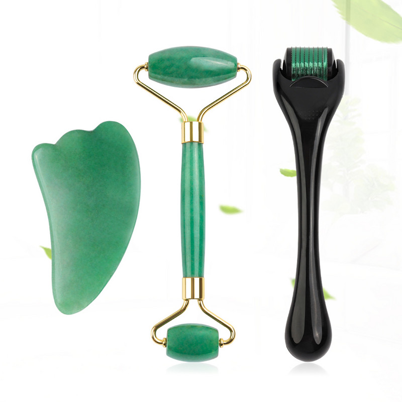 Natural Jade Roller & Guasha Derma Roller Kit szépségmasszírozó arcra, dupla fejű masszírozó görgős arc lifting masszírozó