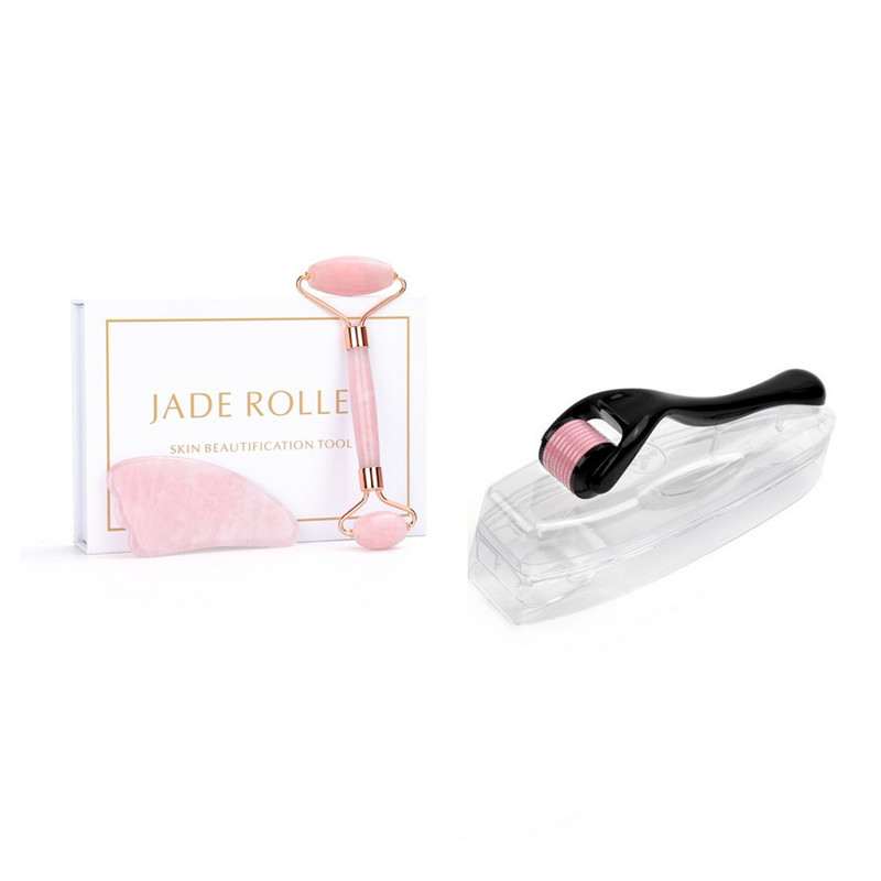 Natural Jade Roller & Guasha Derma Roller Kit szépségmasszírozó arcra, dupla fejű masszírozó görgős arc lifting masszírozó