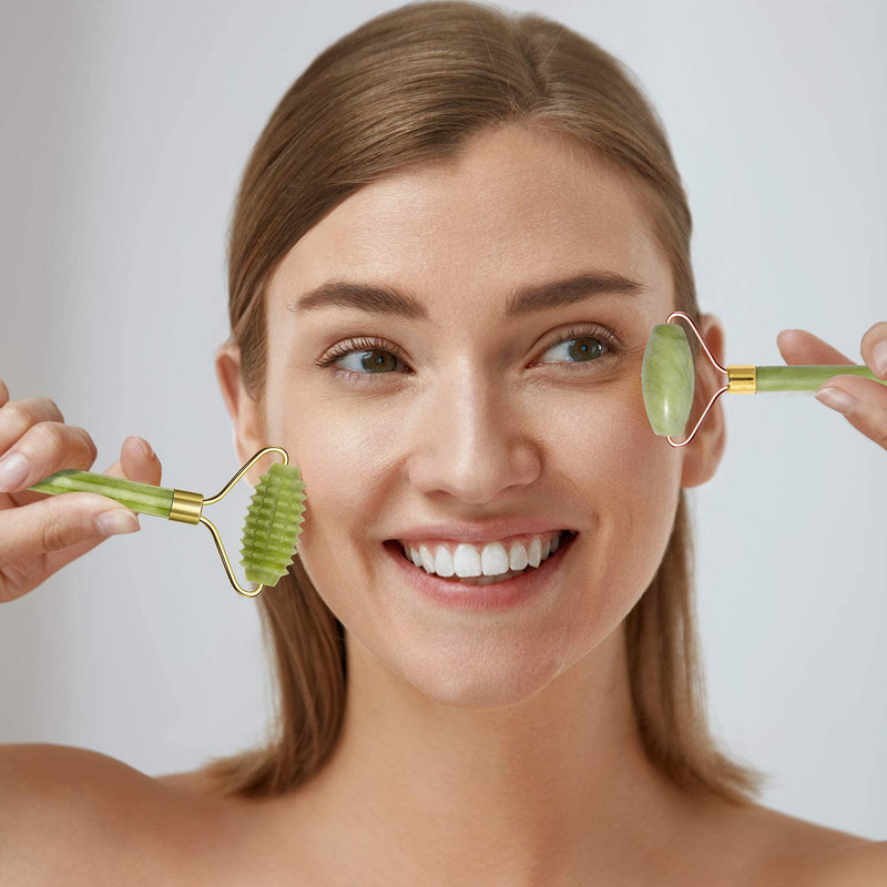 Φυσικό μασάζ προσώπου Jade Roller Scraper Facial Skin Tools Care Tools Roller Massage Microniddle Καθαριστικό προσώπου Περιποίηση δέρματος με κουτί