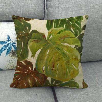 Green Leaves akvarell trópusi növény vászon párnahuzat Hawaii nyári levéldobó párnahuzat párnákhoz Boho lakberendezés 45x45