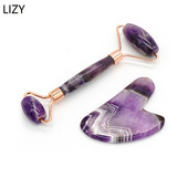 LIZY Amethyst Jade Roller masszírozó kaparó készlet Face Lifting lila természetes kő arcbőr ápoló eszköz Beauty masszázshenger