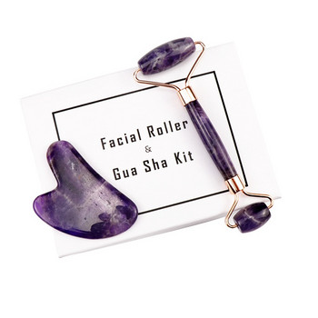 LIZY Amethyst Jade Roller Massager Комплект скрепери за повдигане на лицето Пурпурен естествен камък Инструмент за грижа за кожата на лицето Beauty Massage Roller