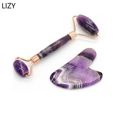 LIZY Amethyst Jade Roller Massager Комплект скрепери за повдигане на лицето Пурпурен естествен камък Инструмент за грижа за кожата на лицето Beauty Massage Roller