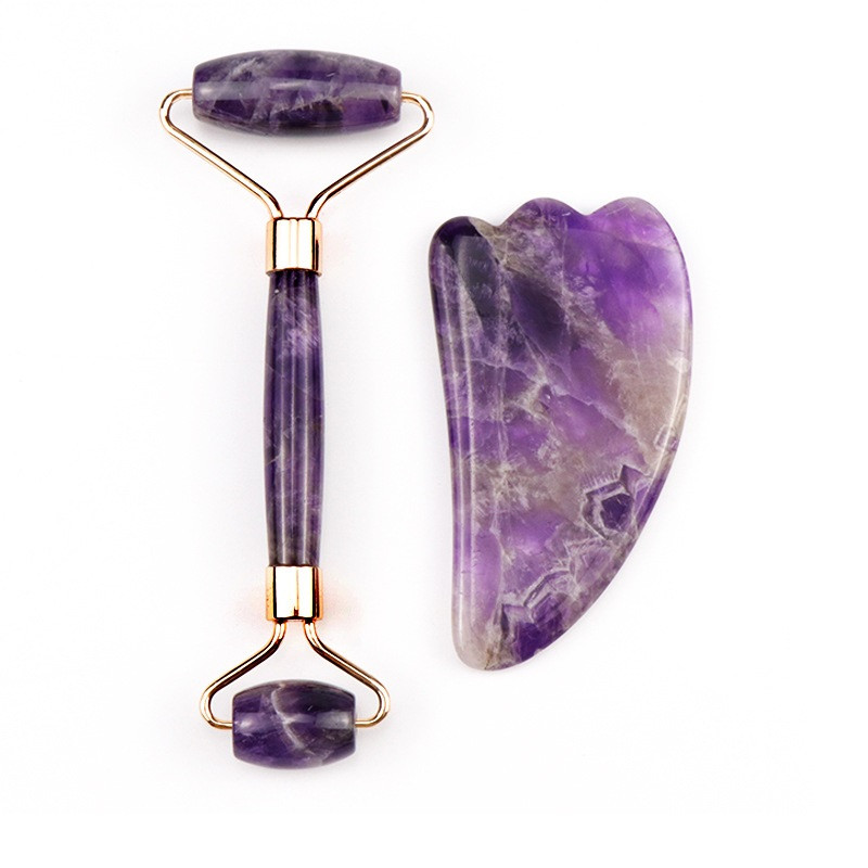 LIZY Amethyst Jade Roller masszírozó kaparó készlet Face Lifting lila természetes kő arcbőr ápoló eszköz Beauty masszázshenger