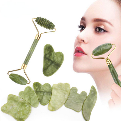 2бр. Xiuyu Масажор за лице Jade Roller Gua Sha Set Real Natural Jade Facial Roller Anti Aging Face Beauty Set For Eyes Neck Body