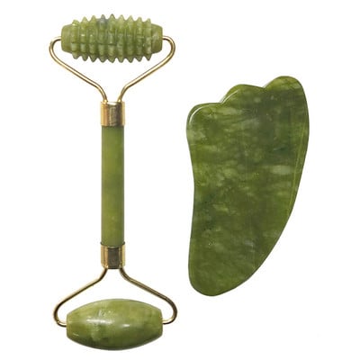 2 в 1 Нефритов ролков масажор за лице Естествен истински камък Guasha Massage Board Plate Scraper Set Face Care Lift Slimming Beauty Tool