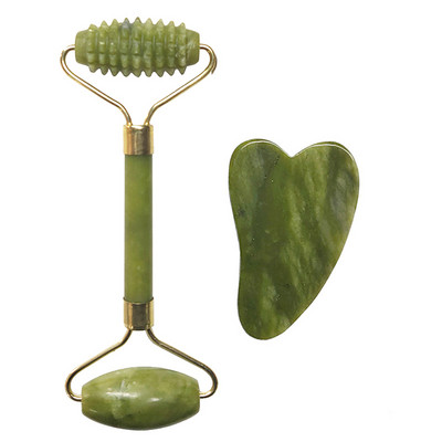 2 в 1 Нефритов ролков масажор за лице Естествен истински камък Guasha Massage Board Plate Scraper Set Face Care Lift Slimming Beauty Tool