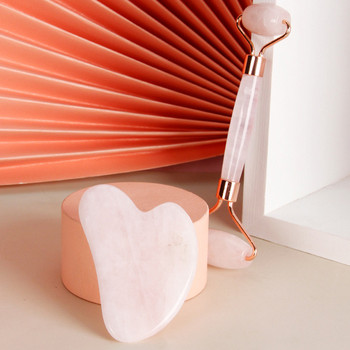 Розов кварц Jade Roller Powder Crystal Massager Natural Pink Gua Sha Stone Mask Четка Устройство за красота на лицето Инструмент за грижа за кожата на лицето