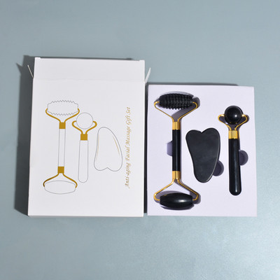 3 vnt Obsidian Natural Jade Roller veido masažuoklis Gua Sha rinkinys kūno guašo grandiklis veidui Jade masažuoklis veido pakėlimas Gua Sha akmuo