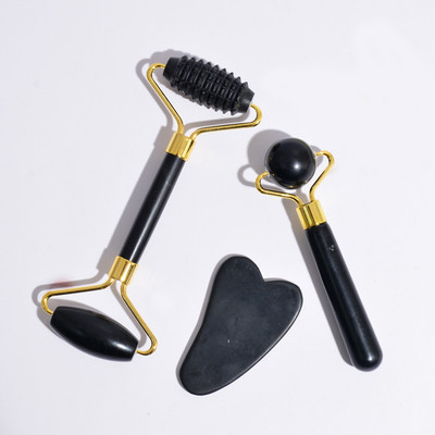 3 vnt Obsidian Natural Jade Roller veido masažuoklis Gua Sha rinkinys kūno guašo grandiklis veidui Jade masažuoklis veido pakėlimas Gua Sha akmuo