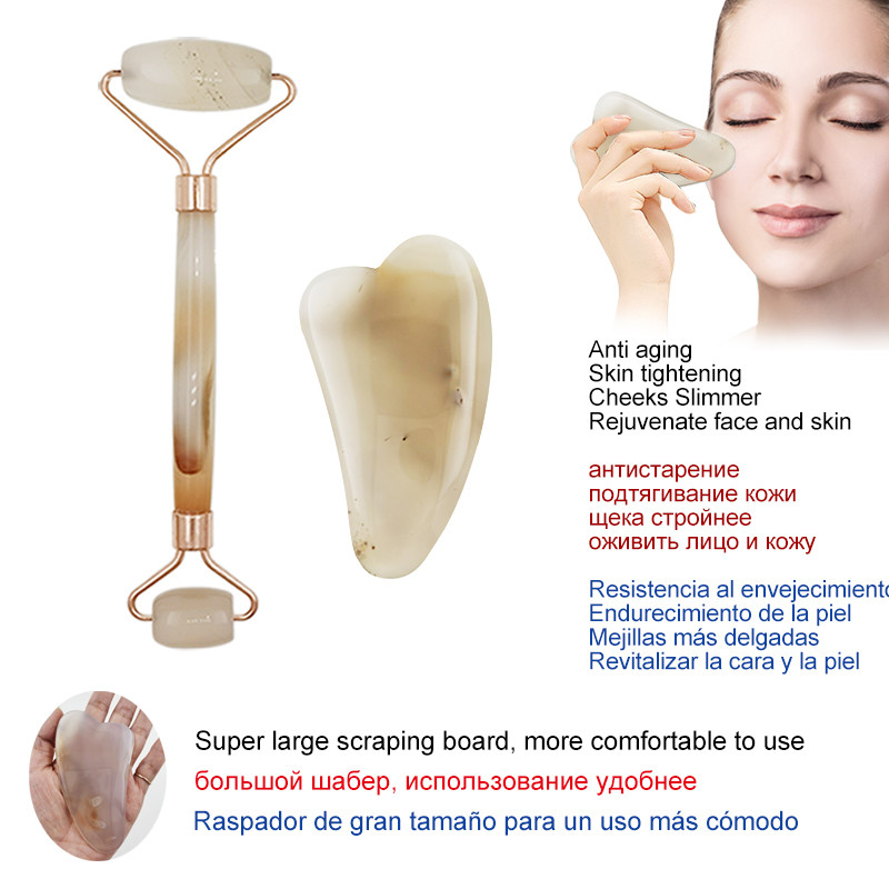 Gua Sha guašo grandiklis Jade Roller Agat rinkinys Veido masažas Kūno Kaklo Lifting Tighten Liekninamas Masažas veidui