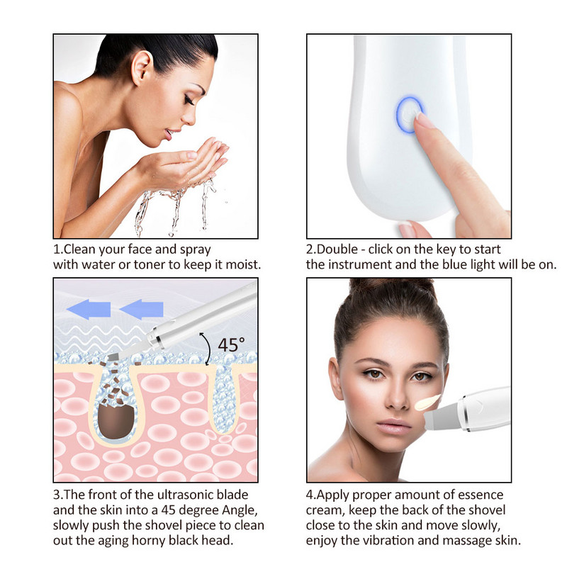 Ultrahangos Scrubber Ultrahang Vibrate Deep Arctisztító Bőrradír eltávolító Mitesszer Ráncok csökkentése Arc lifting peeling