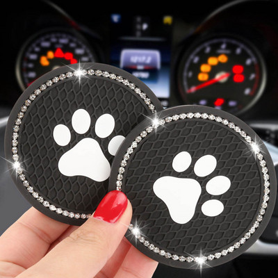 Silicone Diamond Rhinestone Dog Paw Bling Cup Holder Car Coasters Anti Slip Car Mats Water Cup Pad Interior Accessories Decor