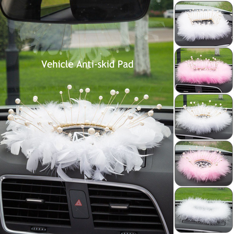 INS Decor Rožinė/balta plunksna Pearl Automobilinis neslystantis kilimėlis Konsolė Ornamento laikymo padėklas Mieli automobilių aksesuarai Moteriška automobilio interjero dovana