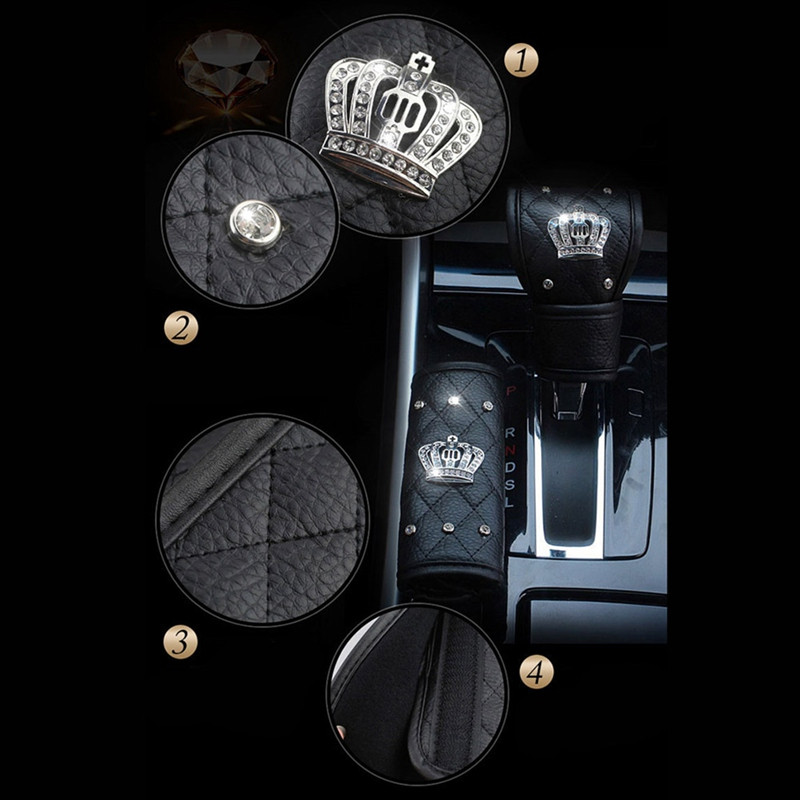 Crown Crystal auto turvavöö kate Rhinestones nahast turvavöö õlapadi Diamond Shifter käigukate Käsipiduri katete komplektid
