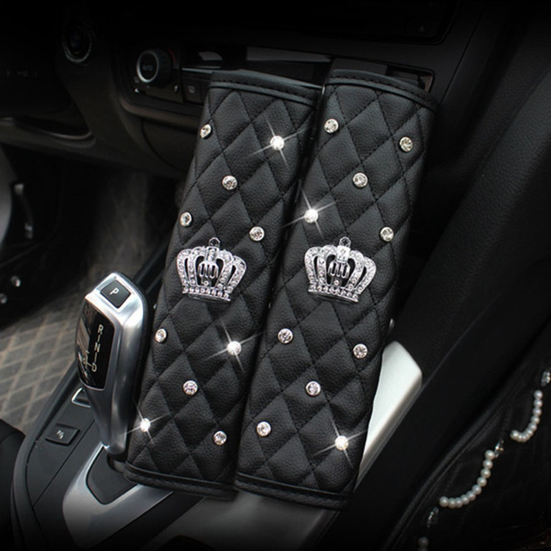 Crown Crystal auto turvavöö kate Rhinestones nahast turvavöö õlapadi Diamond Shifter käigukate Käsipiduri katete komplektid