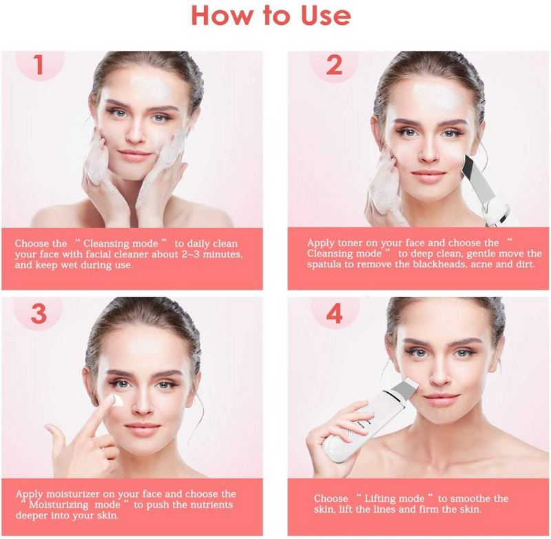 45°C Scrubber pentru piele facială, cu ultrasunete electric, cu ioni EMS, pentru îndepărtarea punctelor negre, masaj pentru lifting facial, pentru îndepărtarea ridurilor