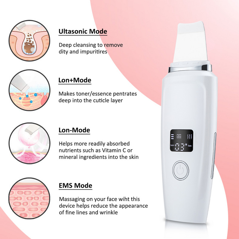 LCD digitális EMS ultrahangos bőrradír lift gép mély arctisztító peeling arc spatula mitesszer eltávolító masszázseszközök