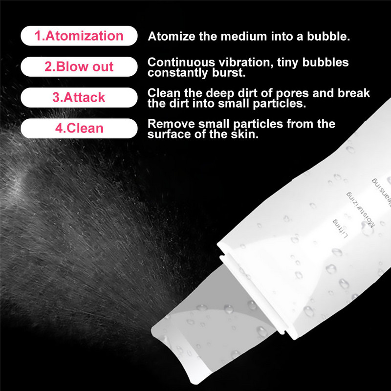 USB Recharge Skin Scrubber Vibrációs Arc Spatula Mitesszer eltávolító Arcradír Lapát Clean Kavitációs Peeling Arckezelés