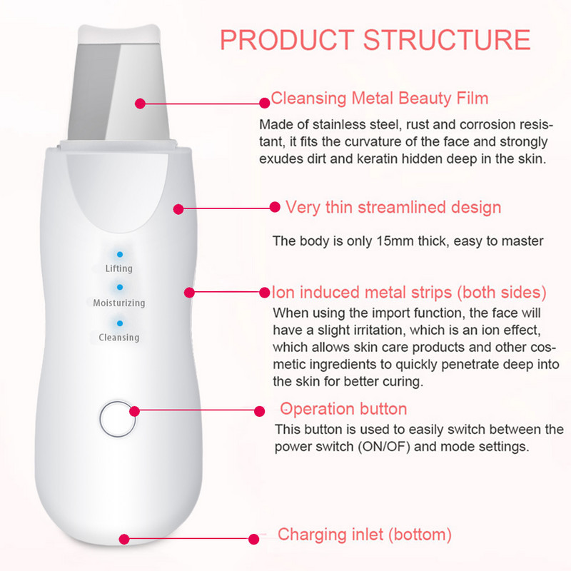 Ultrahangos Bőrradír Vibrációs Arc Spatula Mitesszer eltávolító Lapát Clean Cavitation Peeling Facial Lifting Sminkkészlet