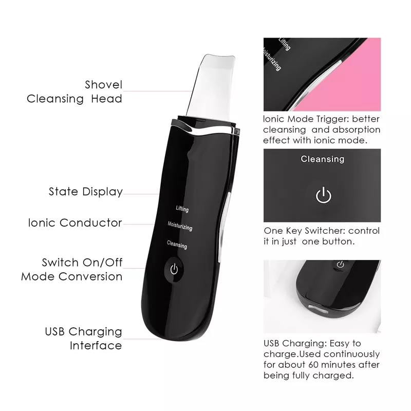 Ultrahangos bőrradír vibrációs arc spatula mitesszer eltávolító arcradír lapát Tiszta kavitációs peeling arc lifting