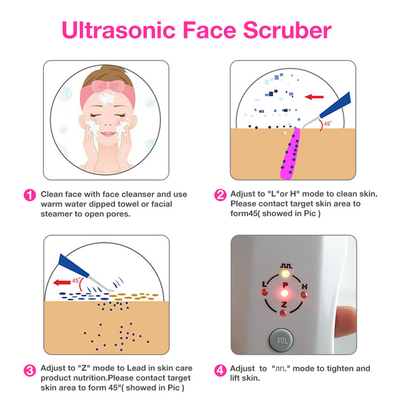 Ultrahangos tisztító masszírozó peeling lapát Ultrahangos arcbőrradír akne mitesszer eltávolító bőrápoló eszköz