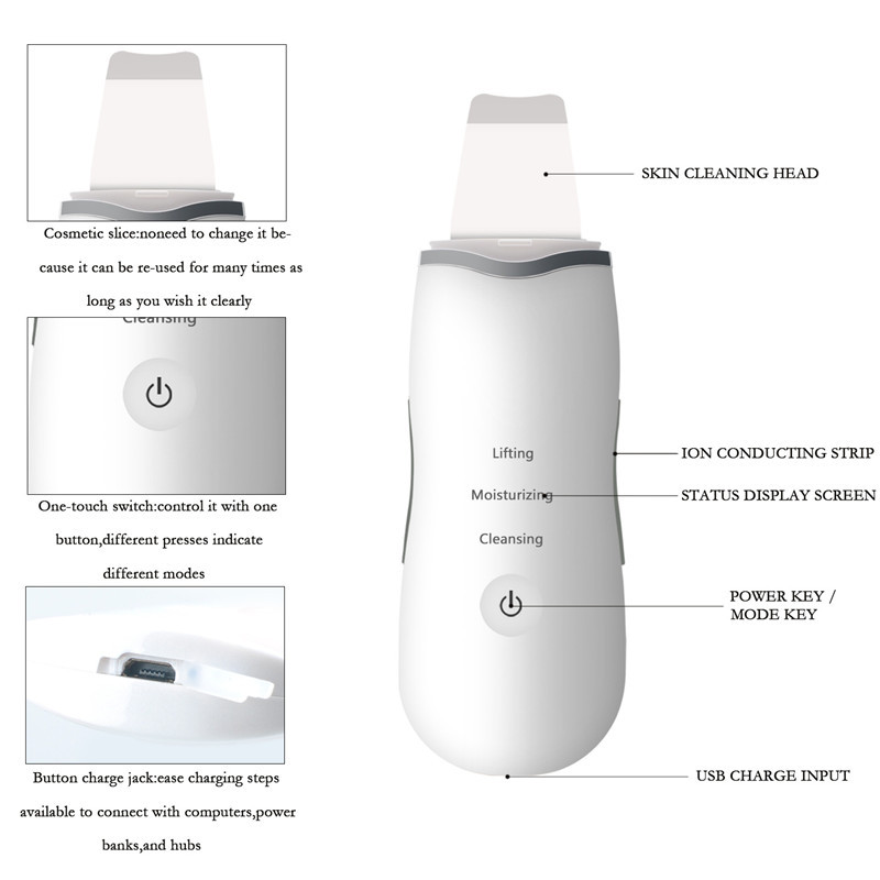 Ultrahangos bőrradír Vibrációs arcradír lapát Mitesszer eltávolító ion Mélytisztító Peeling arc lifting szépségápolási eszközök