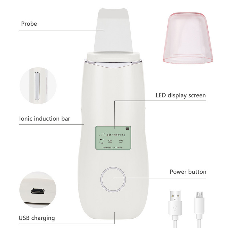 Pro Ultrasonic Facial Skin Scrubber Οθόνη LCD Ion EMS Therapy Face Rejuvenation Cleaner Εργαλείο καθαρισμού δέρματος για μαύρα στίγματα ακμής Cleaning
