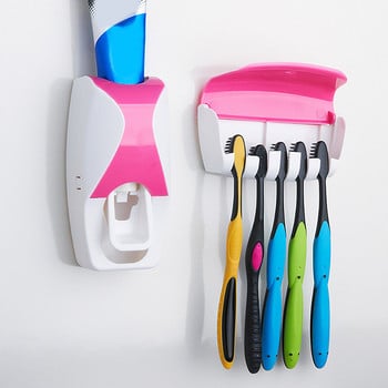 Държач за четка за зъби Автоматичен дозатор за паста за зъби & Комплект държач за четка за зъби Монтиран на стена изстисквач за паста за зъби за принадлежности за баня