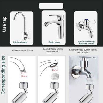 1080° ротационен удължител за кран Универсален кран Аератор Защитен от пръски филтър за душ глава Кухня, баня, мивка Роботизирана ръка