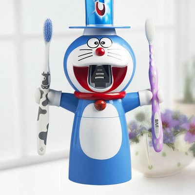 Αυτόματος διανομέας οδοντόκρεμας Creative Cartoon Doraemon Toothpaste Squeezer Βάση τοίχου Βάση με προστασία από τη σκόνη Κύπελλο