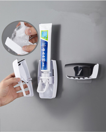 Αυτόματο Σετ αξεσουάρ μπάνιου Διανομέας οδοντόκρεμας Βάση τοίχου Στήριγμα οδοντόβουρτσας με βάση τη σκόνη Στύψιμο ράφι αποθήκευσης