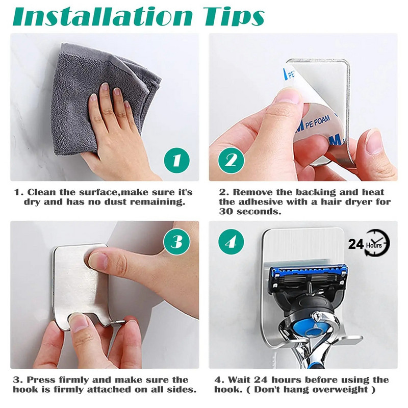 Държач за бръснач за душ Неръждаема стомана Водоустойчиво лепило за стена Куки за самобръсначка Баня Кухня Организирайте Щепсел Кука Висяща кърпа