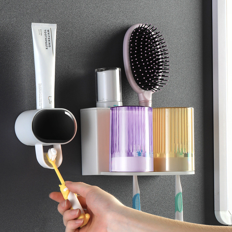 Креативен автоматичен дозатор за паста за зъби за деца Изстисквачки за паста за зъби Прахоустойчива стойка за стенен монтаж Комплект аксесоари за баня