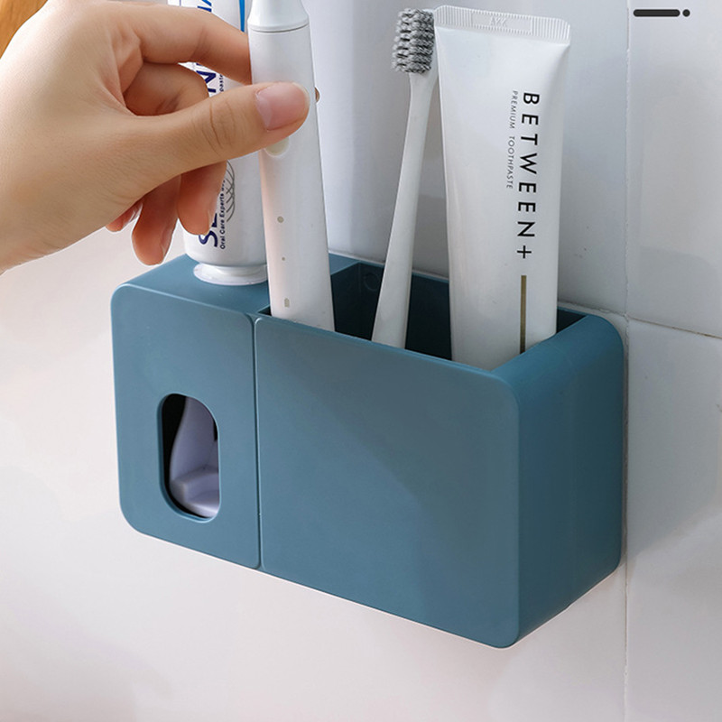 2 в 1 дозатор за паста за зъби с държач за четка за зъби Монтаж на стена Автоматична изстисквачка за паста за зъби Организатор за баня Аксесоари за баня