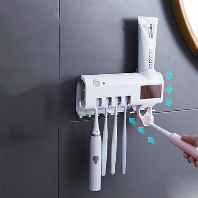 Държач за четка за зъби Дозатор за паста за зъби Слънчева енергия Кутия за съхранение на четка за зъби за баня Мултифункционален държач за съхранение USB зареждане