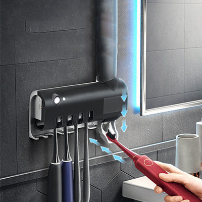 Държач за четка за зъби Дозатор за паста за зъби Слънчева енергия Кутия за съхранение на четка за зъби за баня Мултифункционален държач за съхранение USB зареждане