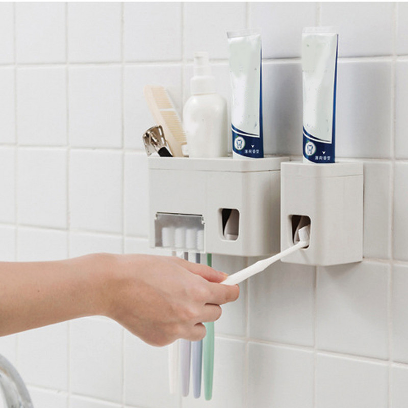 Държач за четка за зъби Автоматичен дозатор за паста за зъби Изстисквачка за паста за зъби 4 държача за четка за зъби Стойка за стенен монтаж Инструменти за баня
