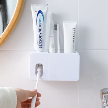 Стенен монтаж Автоматичен дозатор за паста за зъби Изстисквачка Прахоустойчив Държач за четка за зъби Поставка за съхранение на баня Аксесоари за баня