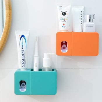 Βάση τοίχου 2 σε 1 Διανομέας οδοντόκρεμας με θήκη οδοντόβουρτσας Αυτόματο Στίφτης οδοντόκρεμας Organizer μπάνιου Αξεσουάρ μπάνιου